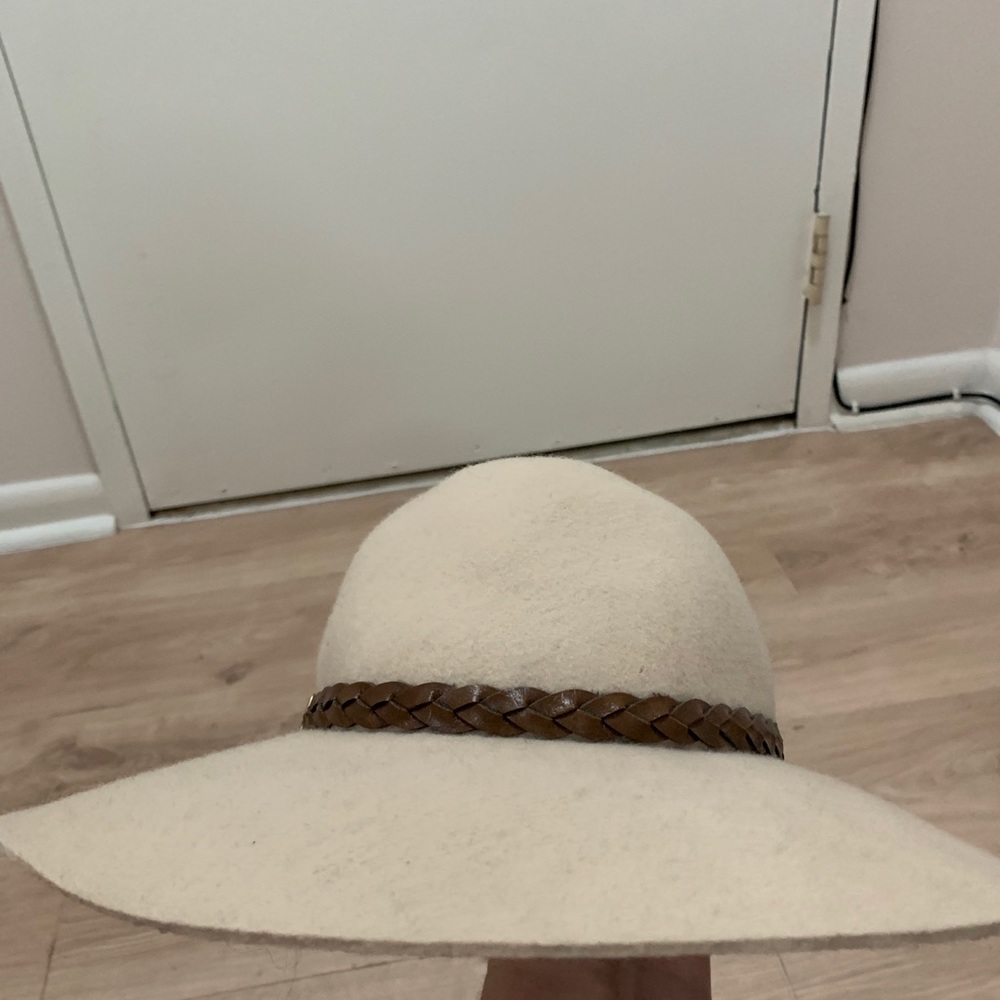 Beige felt wide brim hat with brown braided trim
